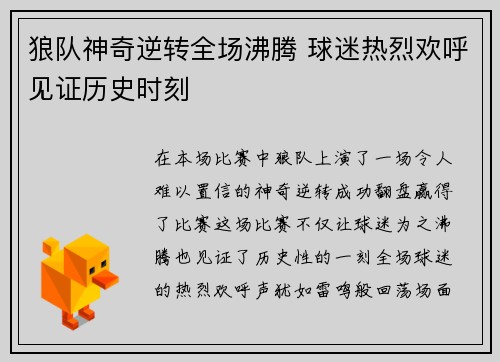 狼队神奇逆转全场沸腾 球迷热烈欢呼见证历史时刻